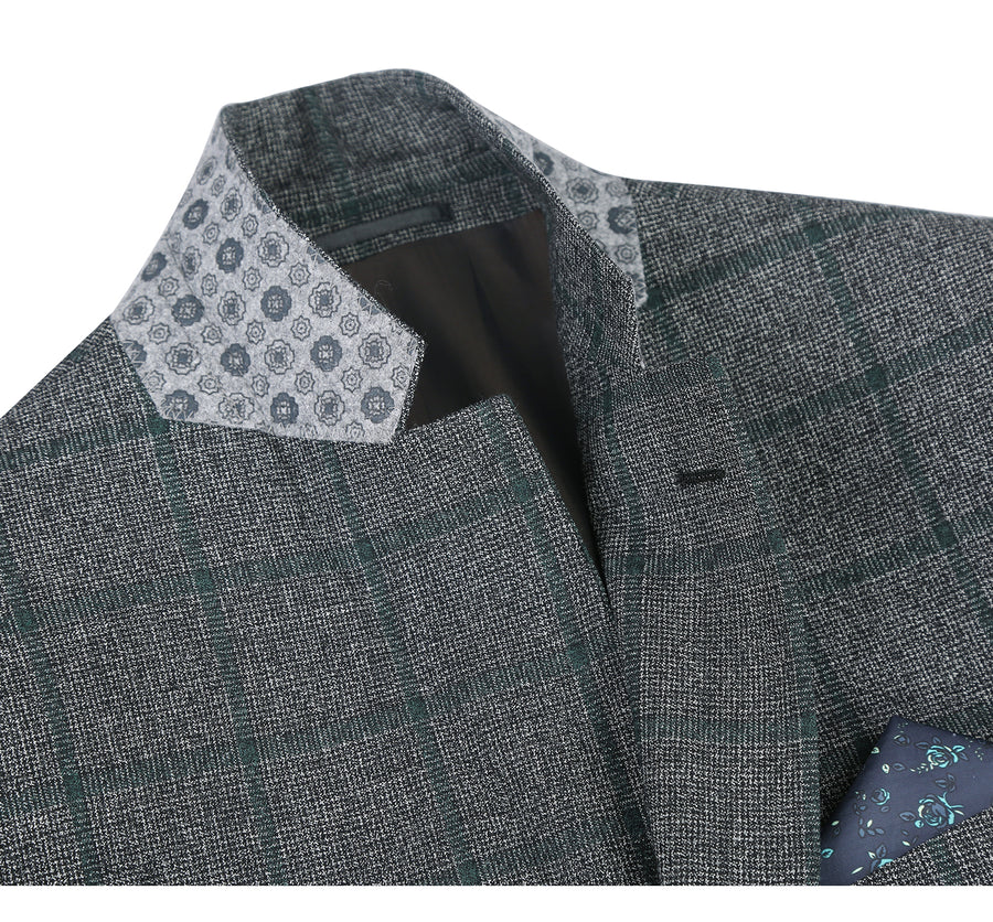 "Classic Fit Wool Sport Coat Blazer for Men - Two Button, Brown & Olive Green Windowpane Plaid" - 34 Short