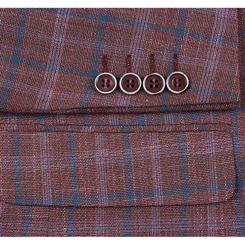 "Burgundy Red Windowpane Plaid Sport Coat - Men's Classic Fit Two-Button Blazer"