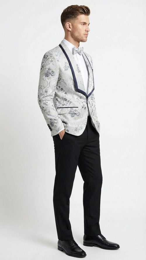 Mens White and Navy Blue Lapel Floral Jacquard Blazer with Contrast Shawl Lapel Luxury Wedding and Party Wear Jacket paisley Tuxedo Navy Pants