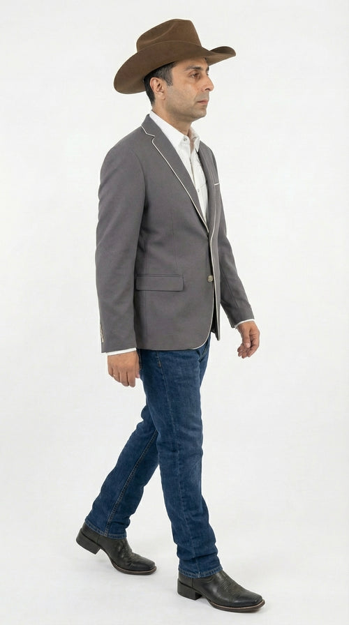 Mens Grey and White Trim Western Blazer – Classic Fit Cowboy Style Contrast Trim Dress Jacket