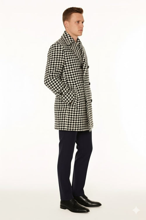 Mens Houndstooth Double-Breasted Overcoats Classic Black and White Wool Blend Peacoat Wool Fabric