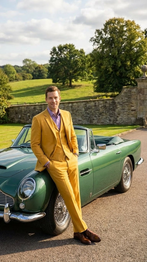 Mens Mustard Yellow Three Piece Suit | 2 Button Notch Lapel Modern Fit in Gold Color - Church Suit