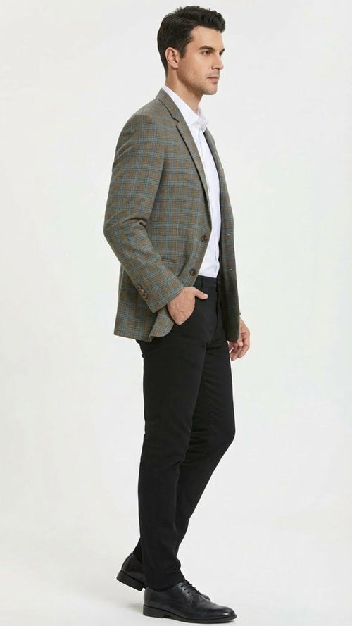 Mens Green Brown and Teal Plaid Sport Coat Tailored Fit Check Blazer Jacket - Tartan Sportcoat