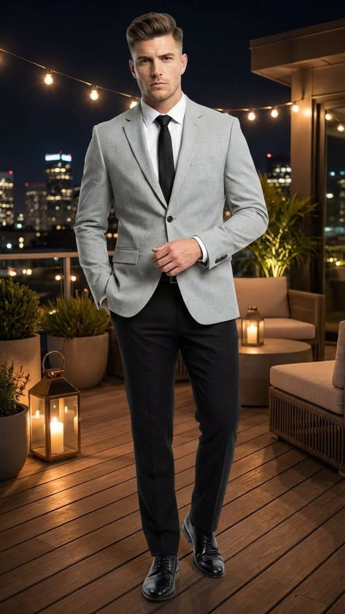 Mens Light Grey Slim Fit Blazer Sport Coat with Black Pants | Premium Formal and Smart Casual Outfit