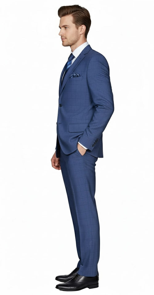 Mens Indigo Navy Blue Windowpane Check Suit Classic 2-Piece Formal Business and Wedding Wear Set in Cobalt Blue