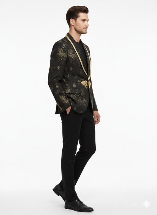 Mens Black and Gold Embroidered Luxury Blazer Designer Floral Pattern Wedding & Party Jacket (Sim534)