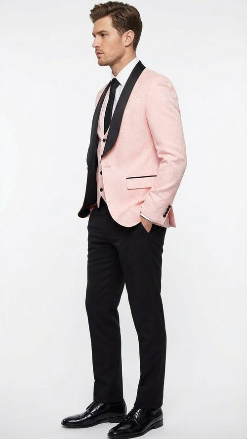 Mens Blush Pink Tuxedo Suit Set with Black Shawl Lapel 3 Piece Formal Wedding and Party Prom Vest + Black Pants