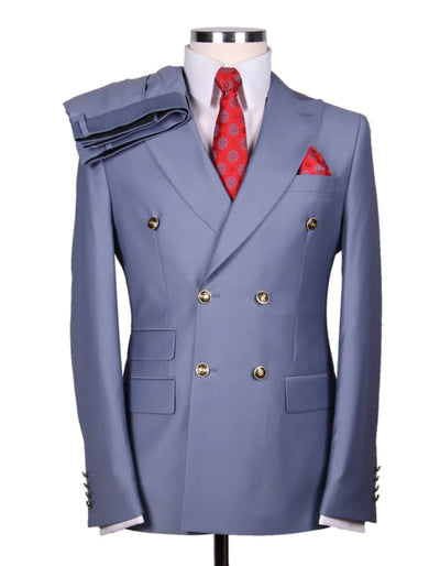 Mens Double breasted Suit - "Tiffany Blue" 1920s 1980s Style Peak Lapel Suits - Back Side Vented Mens Designer Modern Fit Double Breasted Wool Suit with Gold Buttons in Tiffany Blue