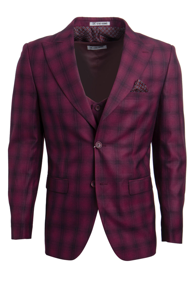 "Mens Stacy Adams Suit - Stacy Adams Suit Men's Bold Windowpane Plaid Vested Suit - Burgundy" - 34 Regular