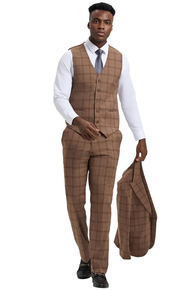Men's Stacy Adams One Button Vested Suit in Light Brown Windowpane Plaid - 38 Regular