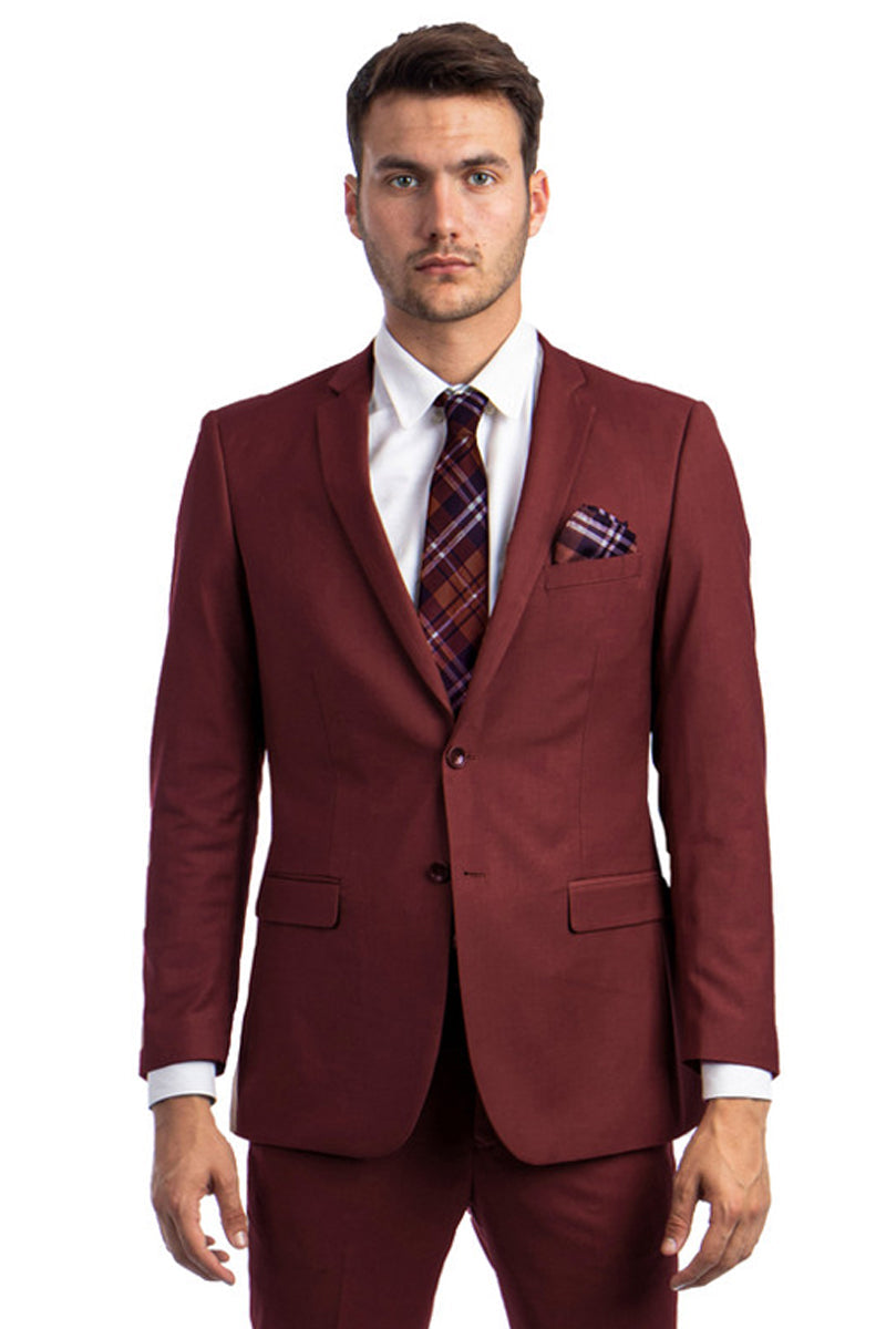 "Burgundy Men's Slim Fit Wedding Suit - Basic 2 Button Design" - 34 Short