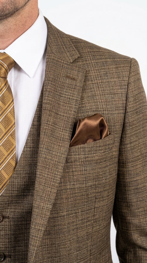 Men's Great Gatsby Brown Checker Plaid Texture 3-Piece Suit β Classic Fit Business, Wedding & Formal Suit Set - Victorian style 1920s