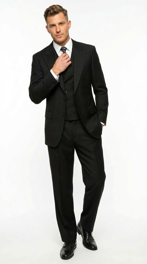 Tiglio Mens Black 3 Piece Suit β Single Button Classic Fit Pleated Wide Leg Pants Formal Business Chruch Suit - 100% Wool