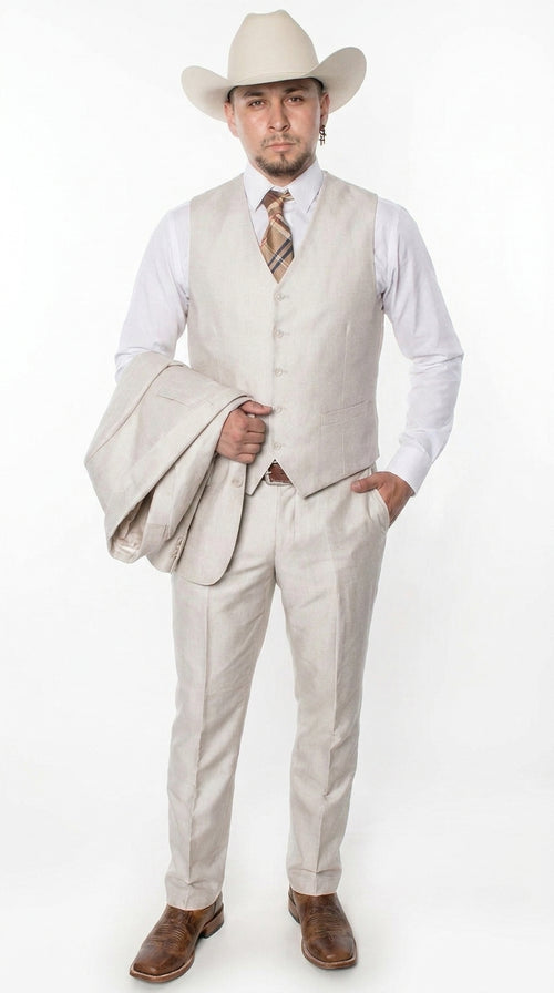 Men’s Sand champaign Western Cowboy 3-Piece Suit – Light Cream Wedding Suit with Vest & Pants Slim Fitted