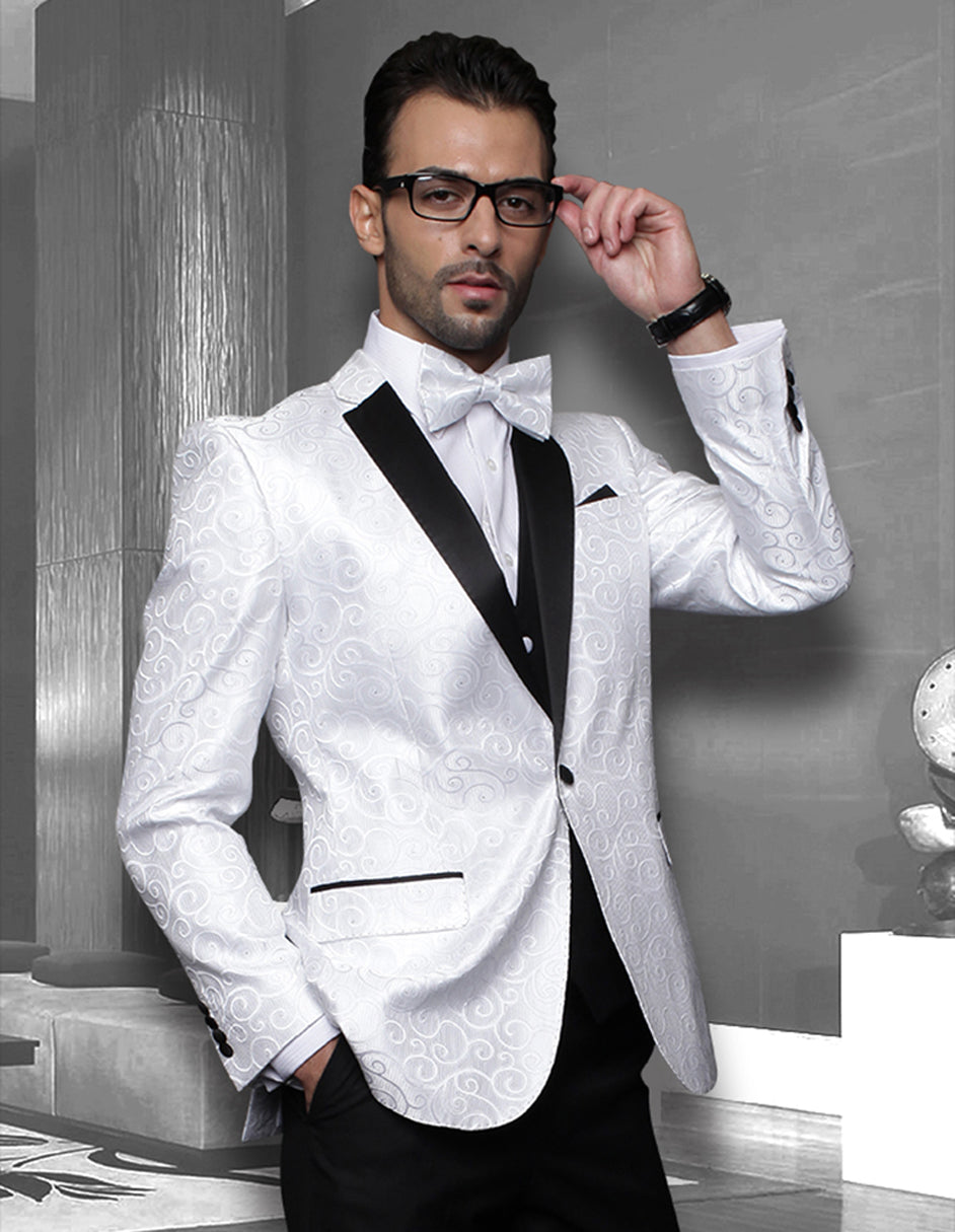 Mens Vested Swirl Patter Notch Lapel Tuxedo in White - 52 Regular