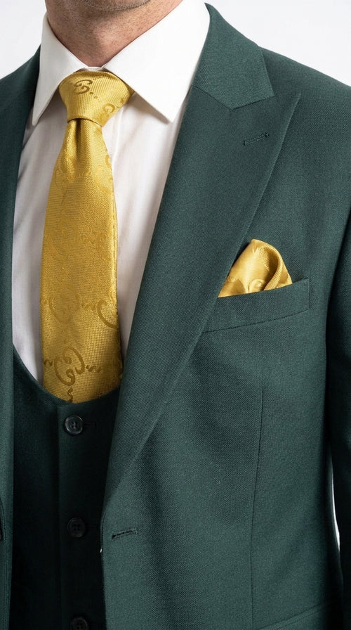 Mens Vitali 3 Piece Suit W/Scoop Vest Hunter Green 3-Piece Suit –, Big Peak Lapel Vest and Pants Modern Fit Two Buttons
