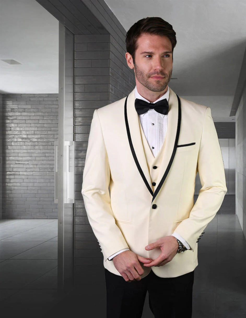 "Mens Vested Wool Tuxedo Suit in Shawl Lapel with Satin Trim in Ivory & Black" off white - 34 Short