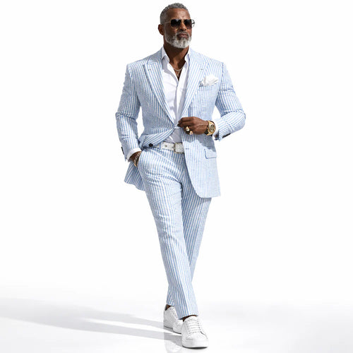 Mens Premium Cotton Seersucker Stripe Suit β Light Blue