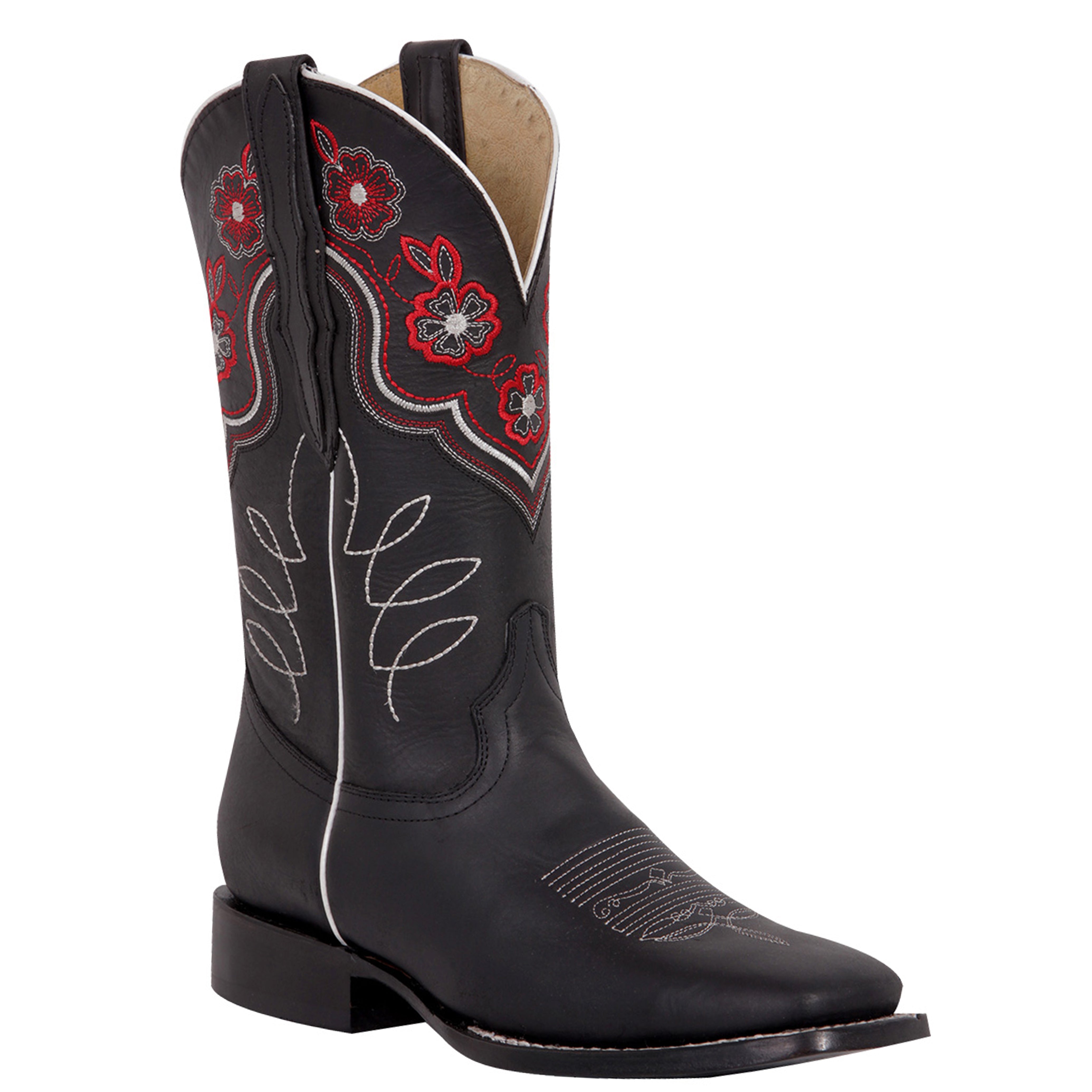 Flower Square Toe Cowgirl Boots - Black