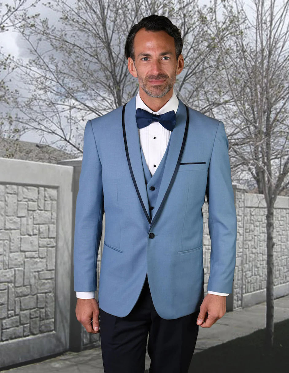 Mens Navy Blue Wedding Tuxedo - Dark Blue Tuxedo Suit"Mens Vested Wool Tuxedo in Shawl Lapel with Satin Trim in Steel Blue & Black