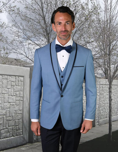 Mens Navy Blue Wedding Tuxedo - Dark Blue Tuxedo Suit"Mens Vested Wool Tuxedo in Shawl Lapel with Satin Trim in Steel Blue & Black