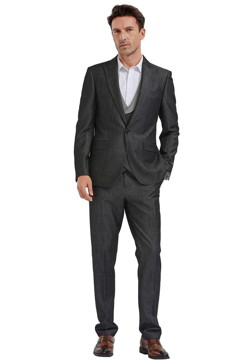 "Black Sharkskin Men's Double Breasted Vest Suit - One Button Peak Lapel" - 34 Short