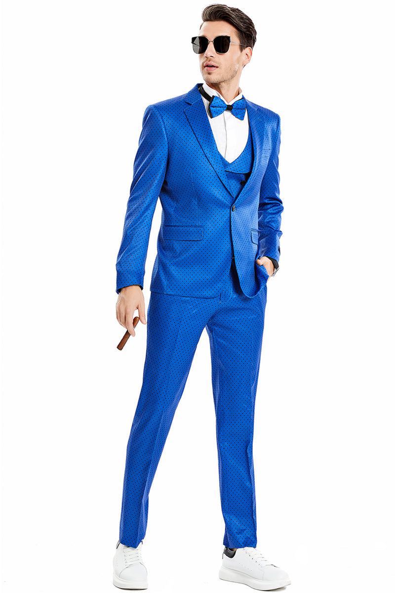 "Men's Royal Blue & Black Mini Polka Dot Prom 2025 Suit - One Button Vested" - 34 Short
