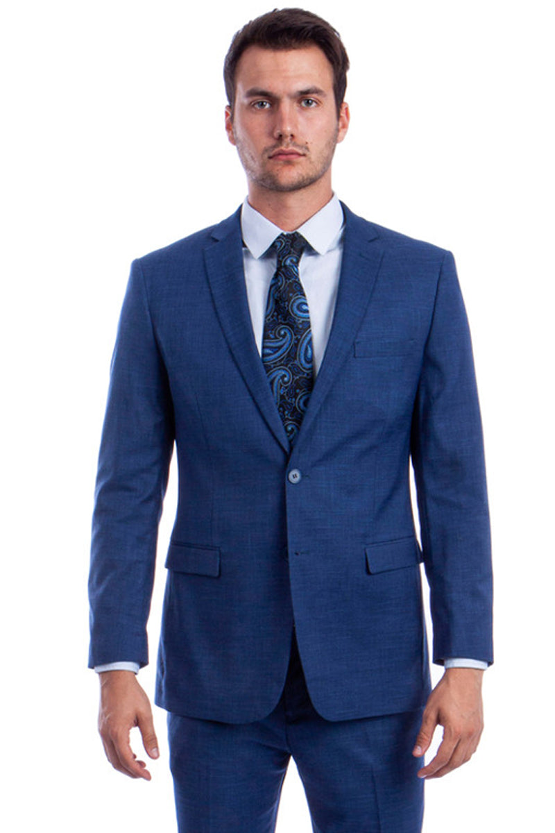 "Modern Fit Men's Summer Suit - Two Button Linen Look, Medium Blue" - 34 Short