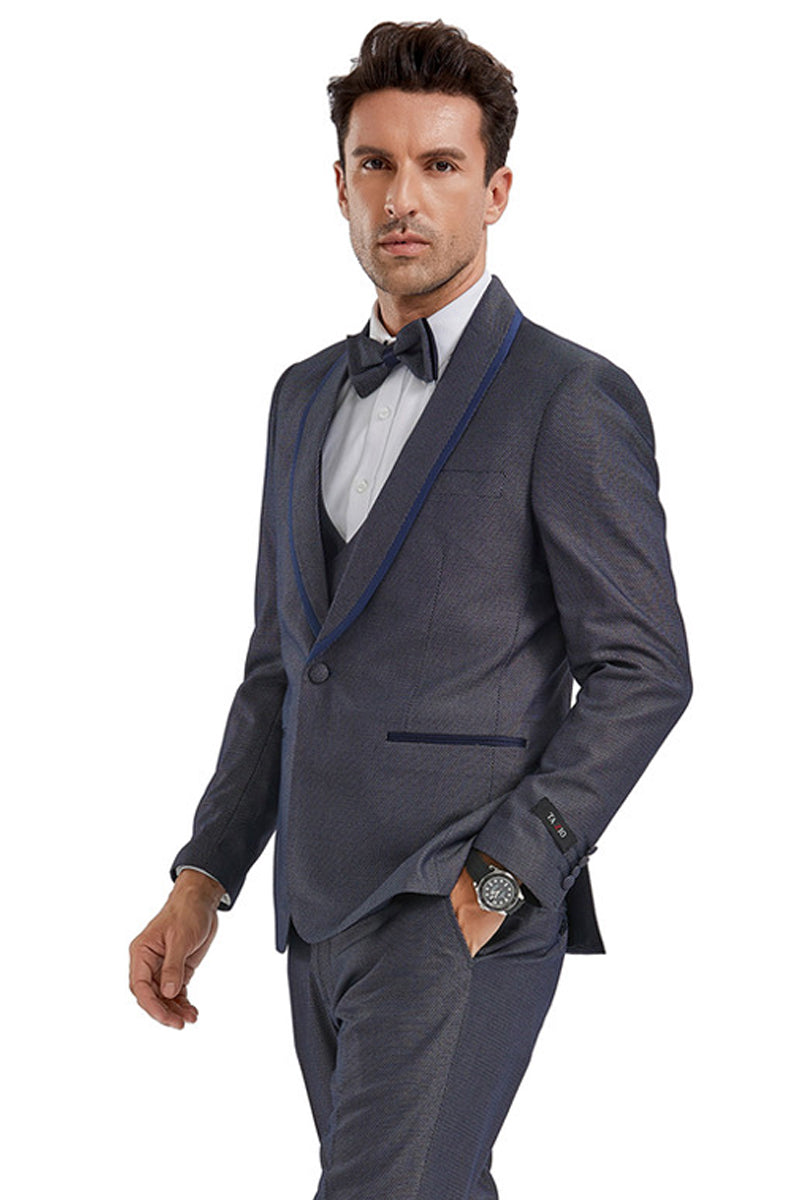 "Grey Birdseye Men's Shawl Tuxedo with Blue Trim - One Button Vested" - 34 Short