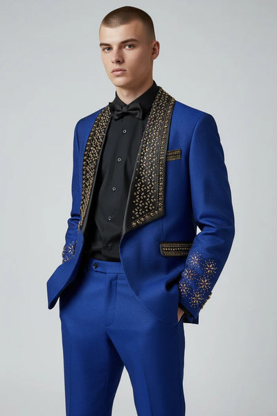 Men’s Bella Embellished Black & Royal Blue Tuxedo – 3 Piece Formal Suit with Shawl Lapel, Vest & Matching Pants