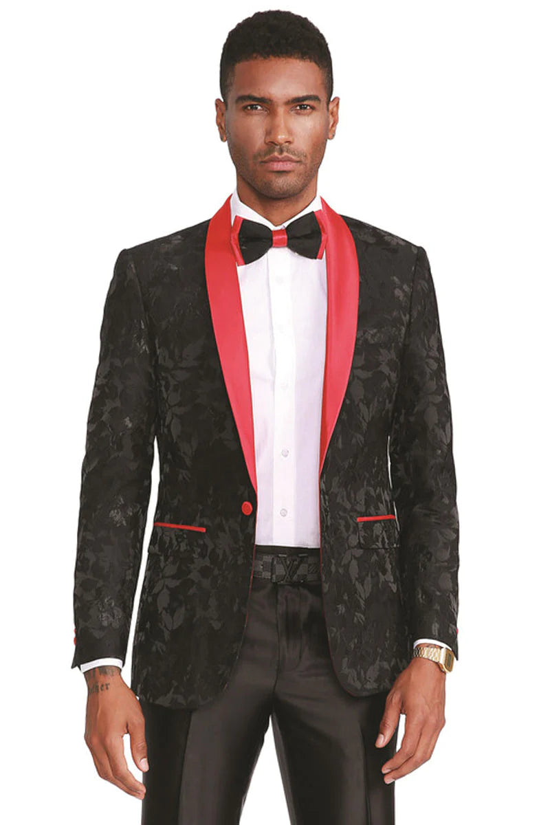 PAISLEY PROM TUXEDO JACKET - MEN'S SLIM FIT BLACK WITH RED LAPEL