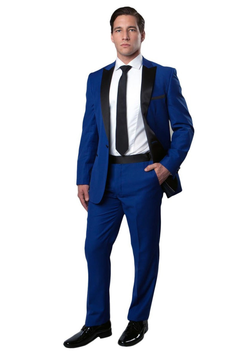 "Royal Blue Men's Slim Fit Wedding Tuxedo with One Button Peak Lapel"