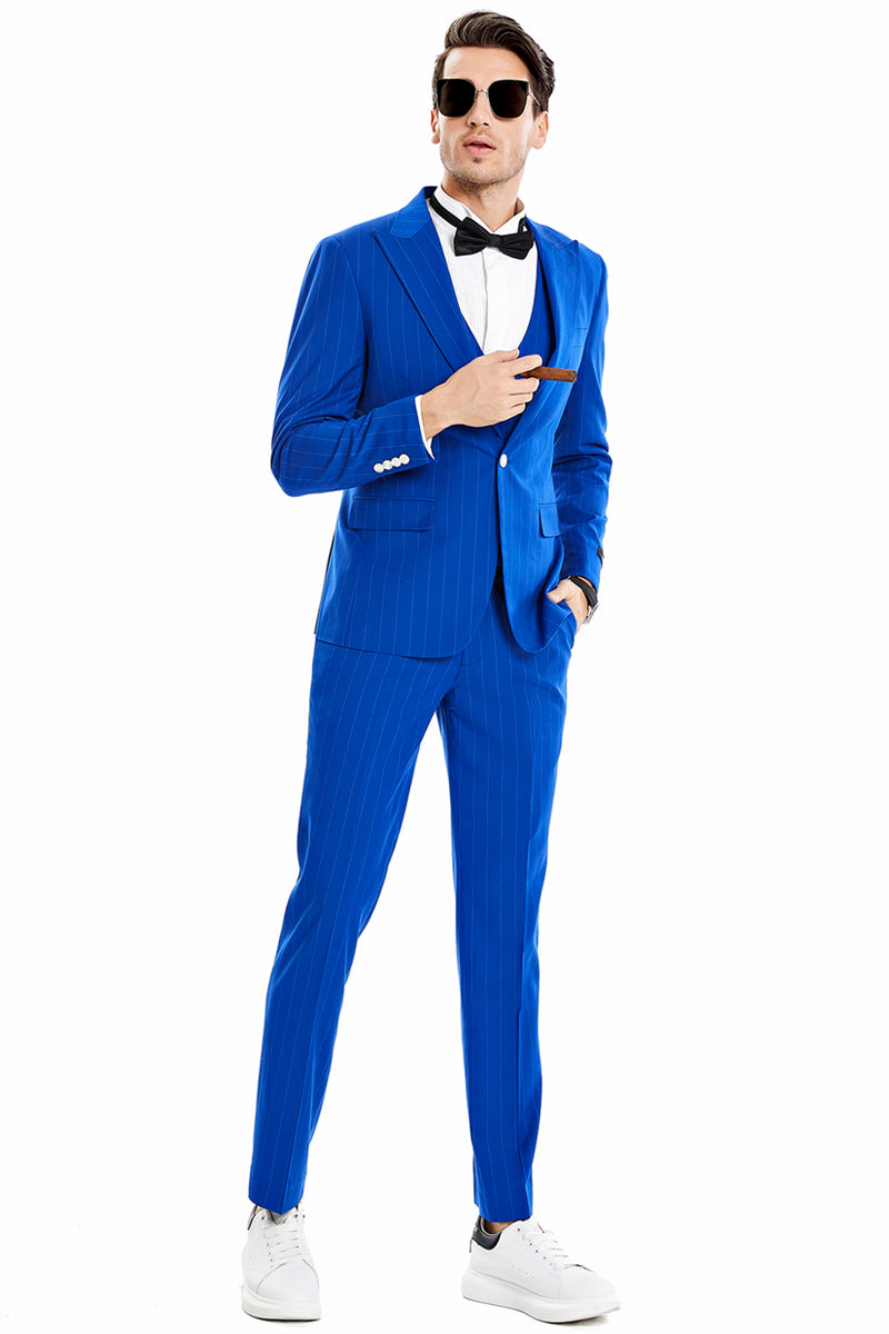 "Men's Royal Blue Pinstripe Suit - One Button Vested with Wide Peak Lapel"