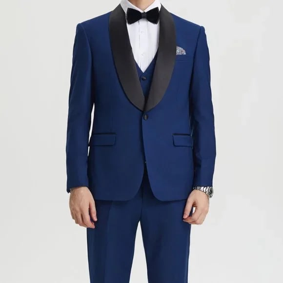 Stacy Adams 3pc Tuxedo Shawl Lapel, Blue Indigo - 38 Short Jacket+32 Waist Adjustable 28to34)(Height: 5 4 to5 7 )(Neck 15-16.5)S-M)