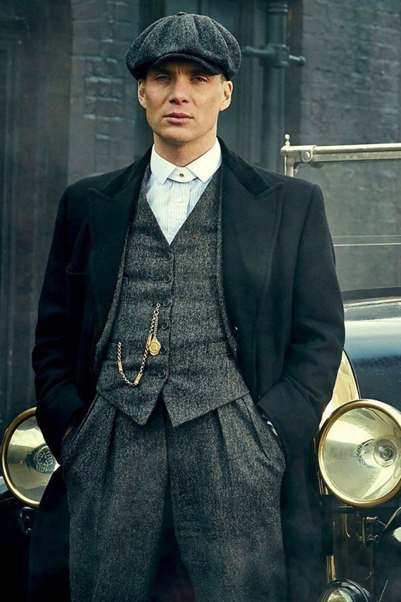 Mens Peaky Blinders Costume Thomas Shelby Grey 3 Piece Suit with Black Overcoat & Hat - 34 Short
