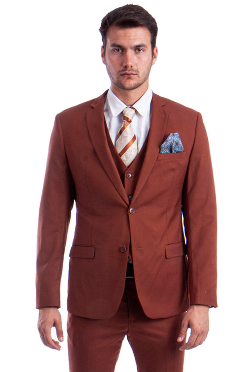 "Men's Slim Fit Two Button Vested Suit in Light Brown Rust"