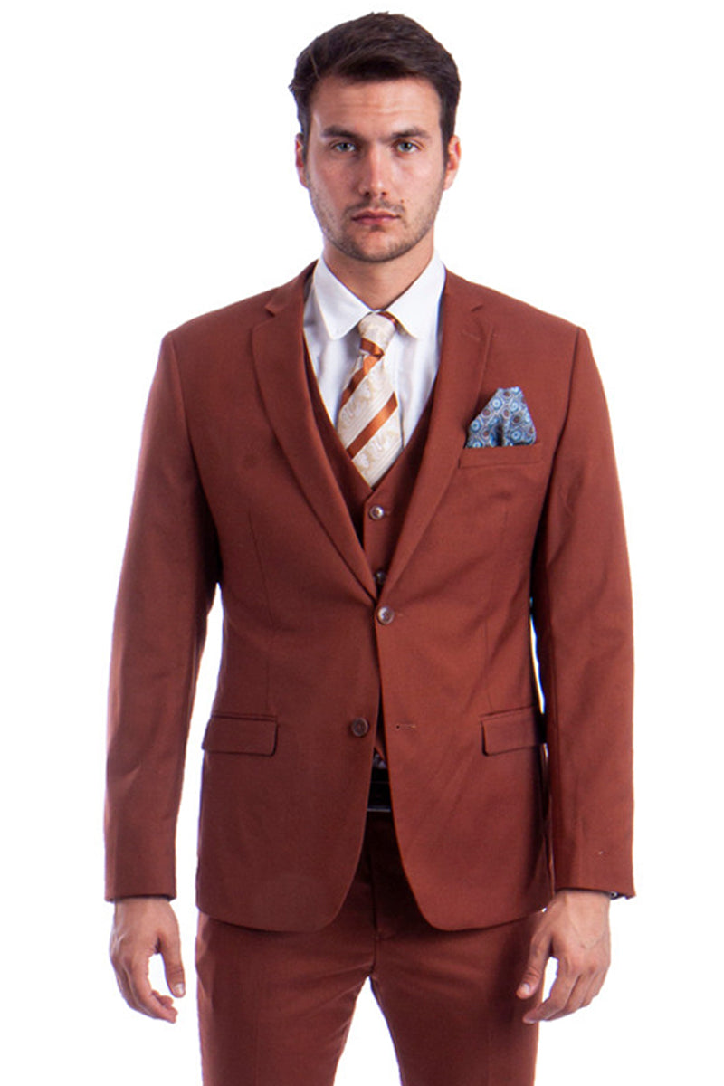 "Men's Slim Fit Two Button Vested Suit in Light Brown Rust" - 34 Short