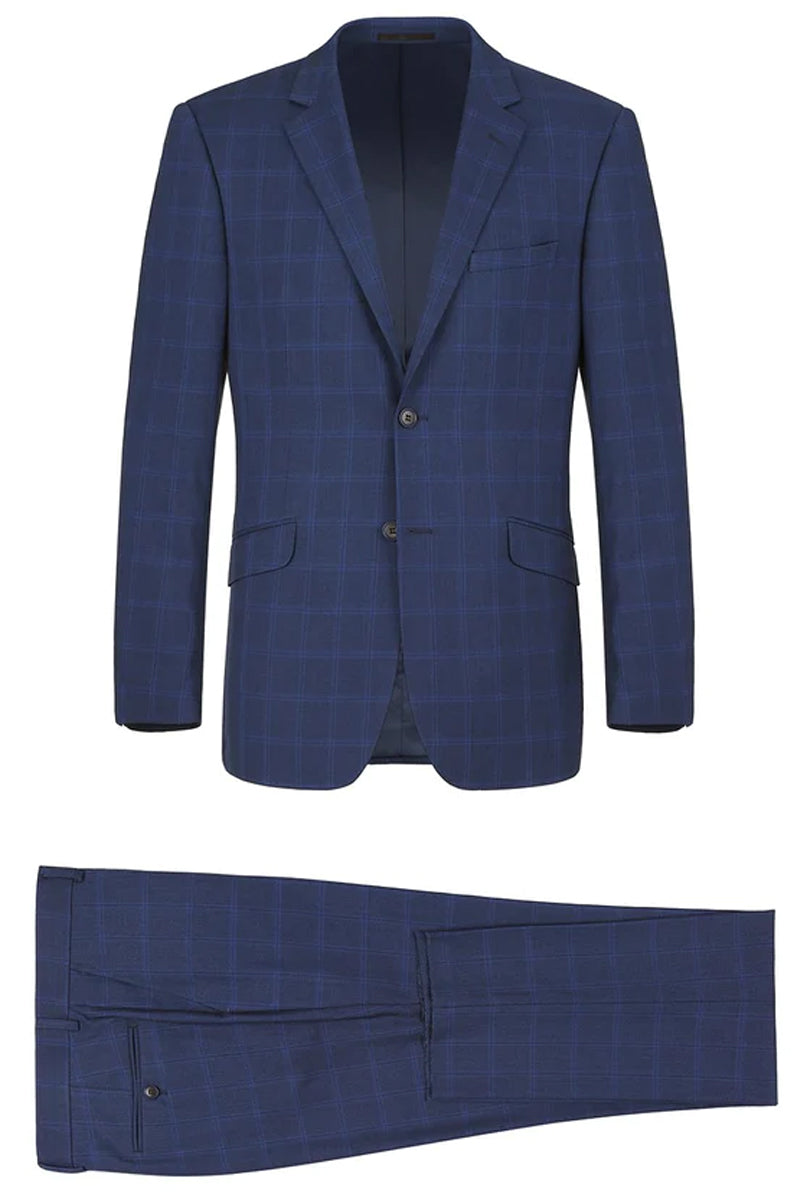 "Indigo Blue Windowpane Plaid Men's Slim Fit Two-Button Suit"