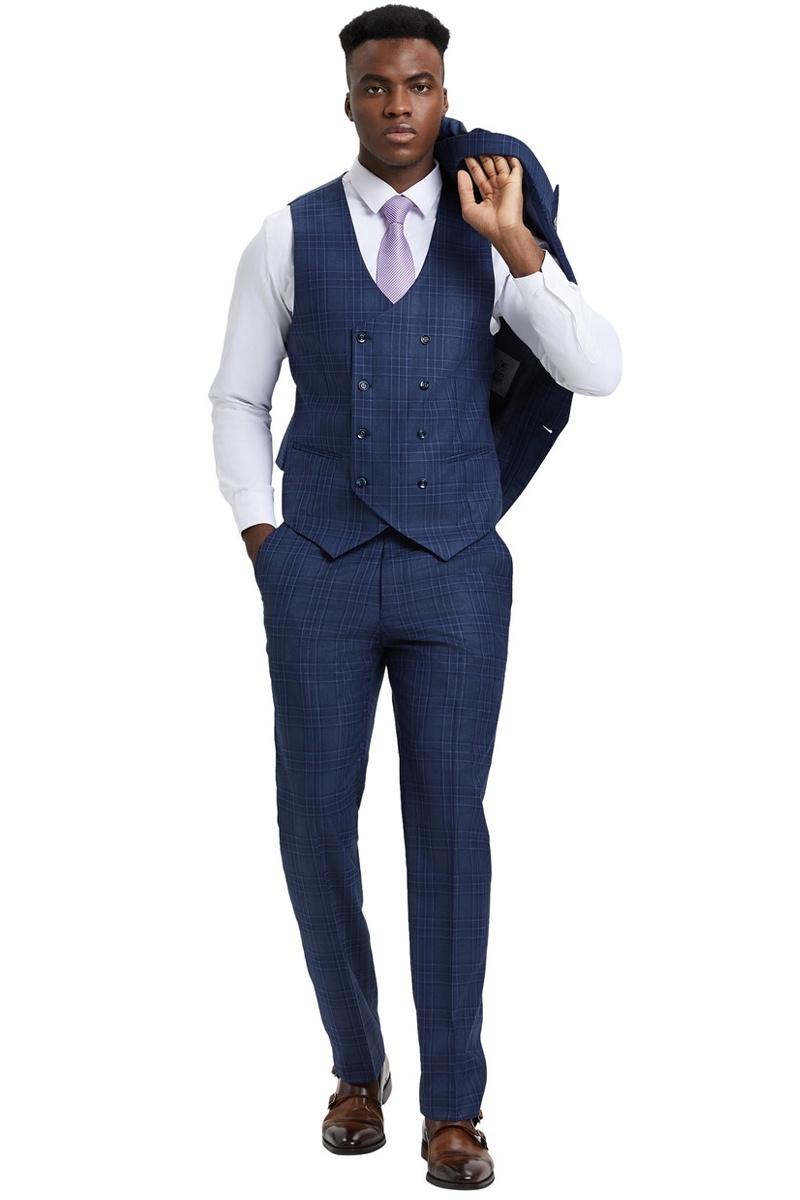 Men's Stacy Adams One Button Peak Lapel Double Breasted Vest Suit in Blue & Purple Plaid - 38 Regular