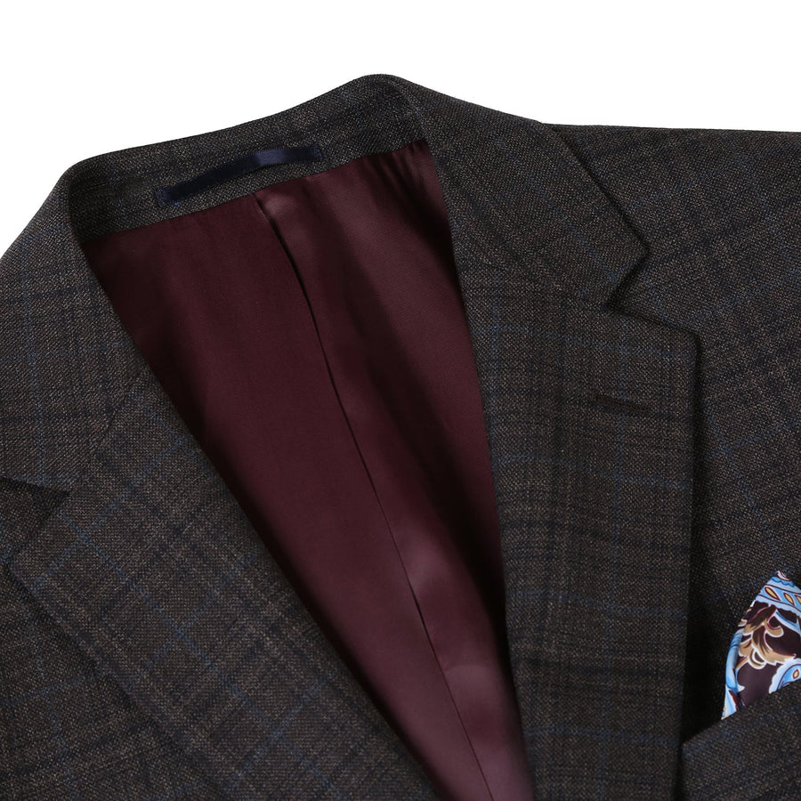"Classic Fit Men's Wool Blazer - Dark Brown Windowpane Plaid, Two-Button Sport Coat" - 34 Short