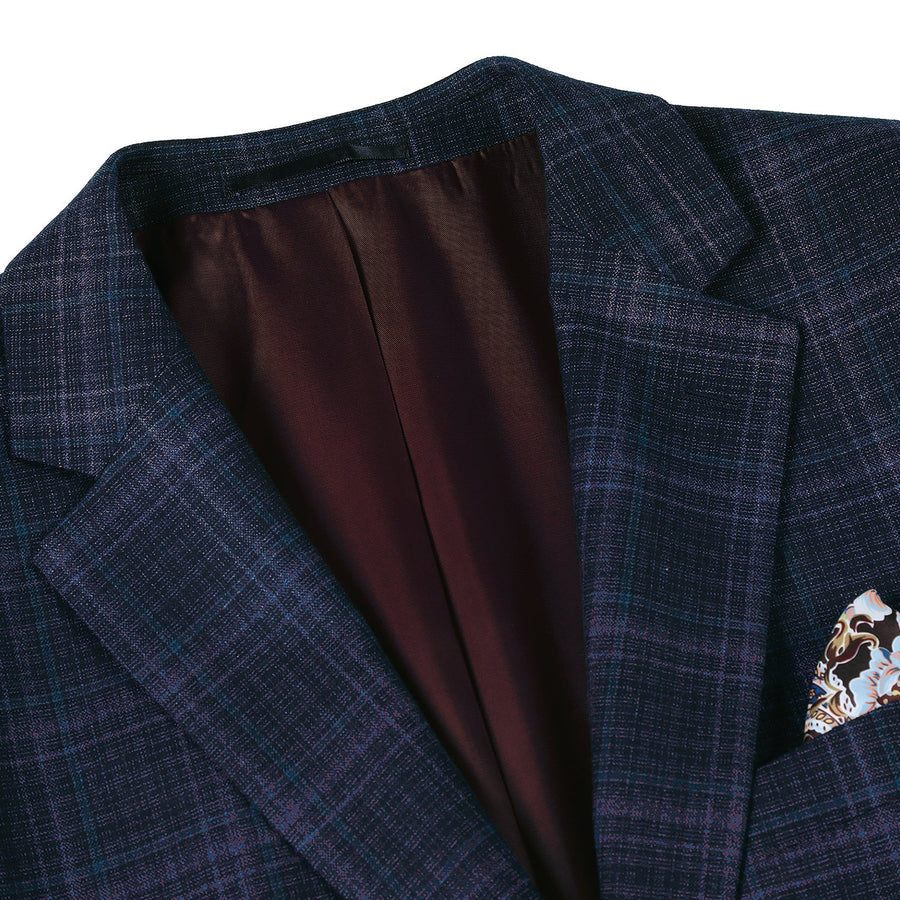 "Classic Fit Wool Stretch Sport Coat - Men's Two Button Blazer in Dark Navy Blue Windowpane Plaid"