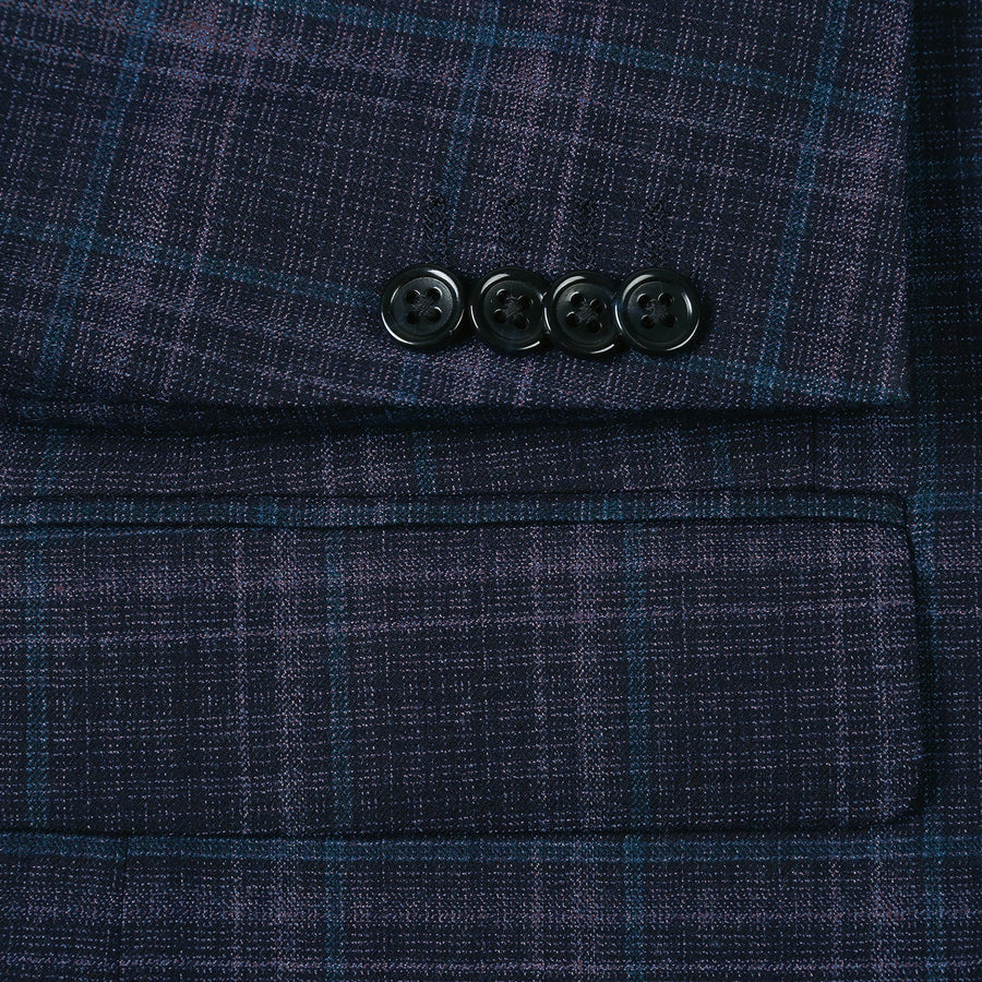"Classic Fit Wool Stretch Sport Coat - Men's Two Button Blazer in Dark Navy Blue Windowpane Plaid" - 34 Short