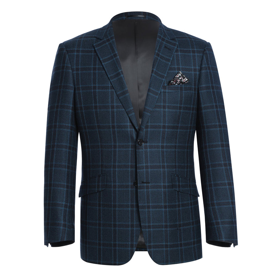 "Men's Slim Fit Wool Blazer - Dark Navy Blue Windowpane Plaid, Two Button Sport Coat"