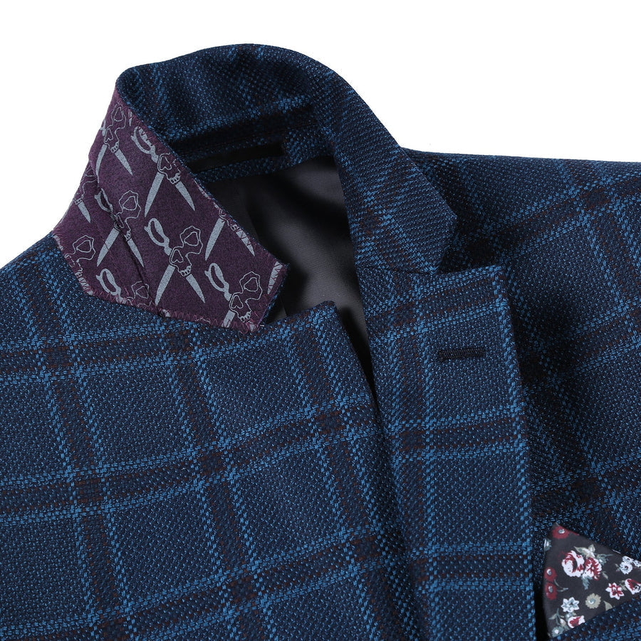 "Men's Slim Fit Wool Blazer - Dark Navy Blue Windowpane Plaid, Two Button Sport Coat"