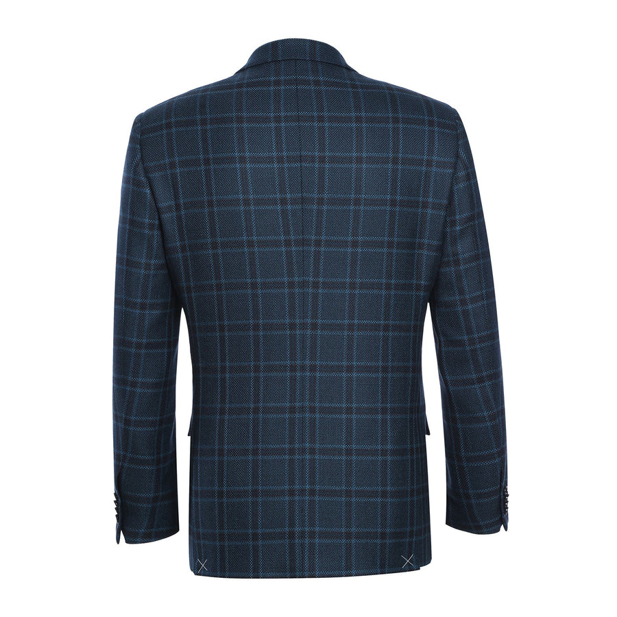 "Men's Slim Fit Wool Blazer - Dark Navy Blue Windowpane Plaid, Two Button Sport Coat"