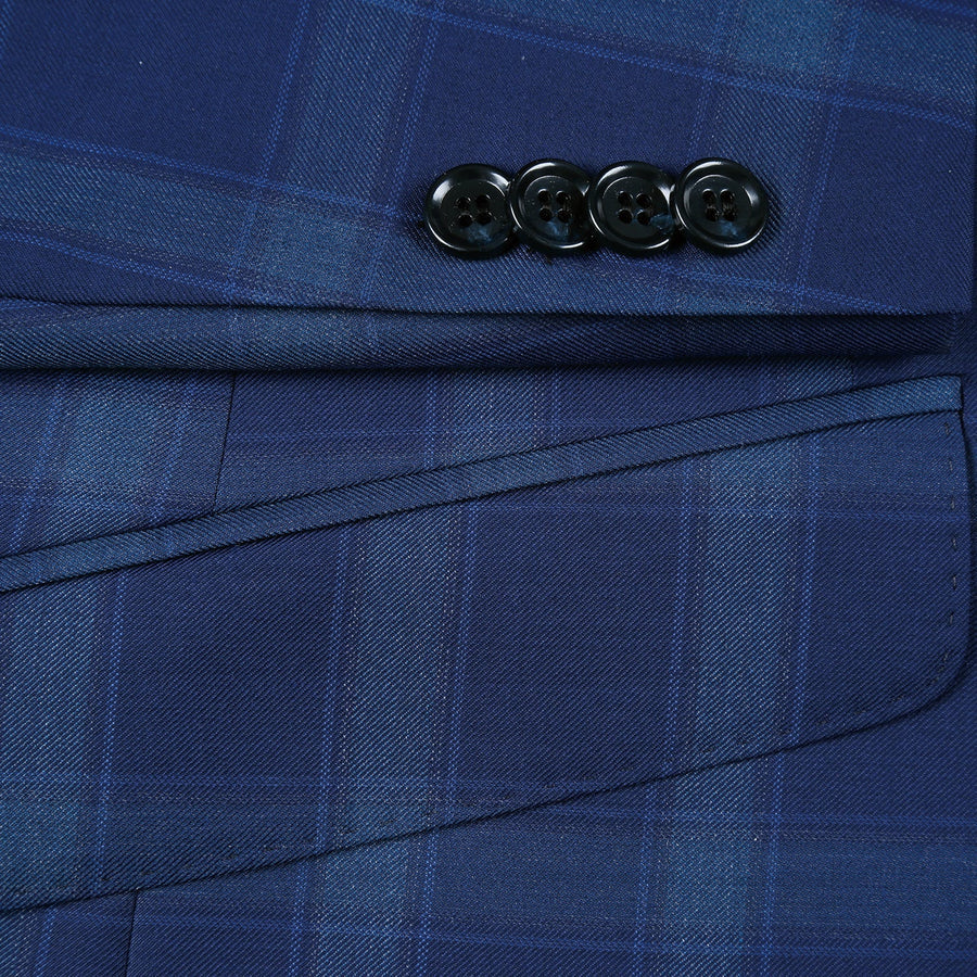 "Classic Fit Two Button Wool Suit for Men - Dark Royal Blue Windowpane Plaid" - 34 Short