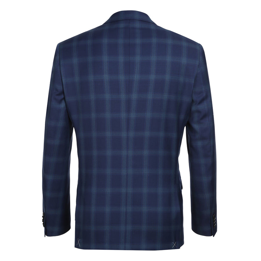 "Classic Fit Two Button Wool Suit for Men - Dark Royal Blue Windowpane Plaid" - 34 Short