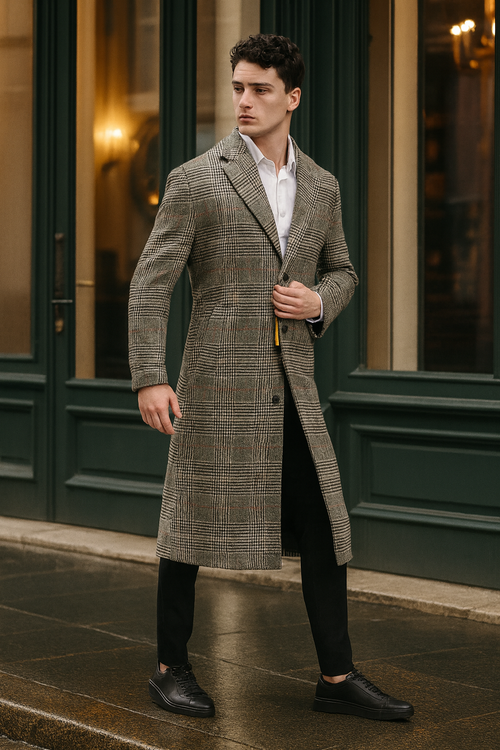 Mens Full length Long Plaid Overcoat – Classic Checkered Wool Blend Winter Coat in Gray Color Checkered