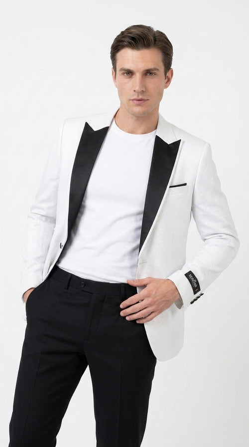 Men's White Sparkle Dinner Jacket – Black Satin Shawl Lapel Tuxedo Blazer Slim Fit Sequin Shiny Prom Jacket
