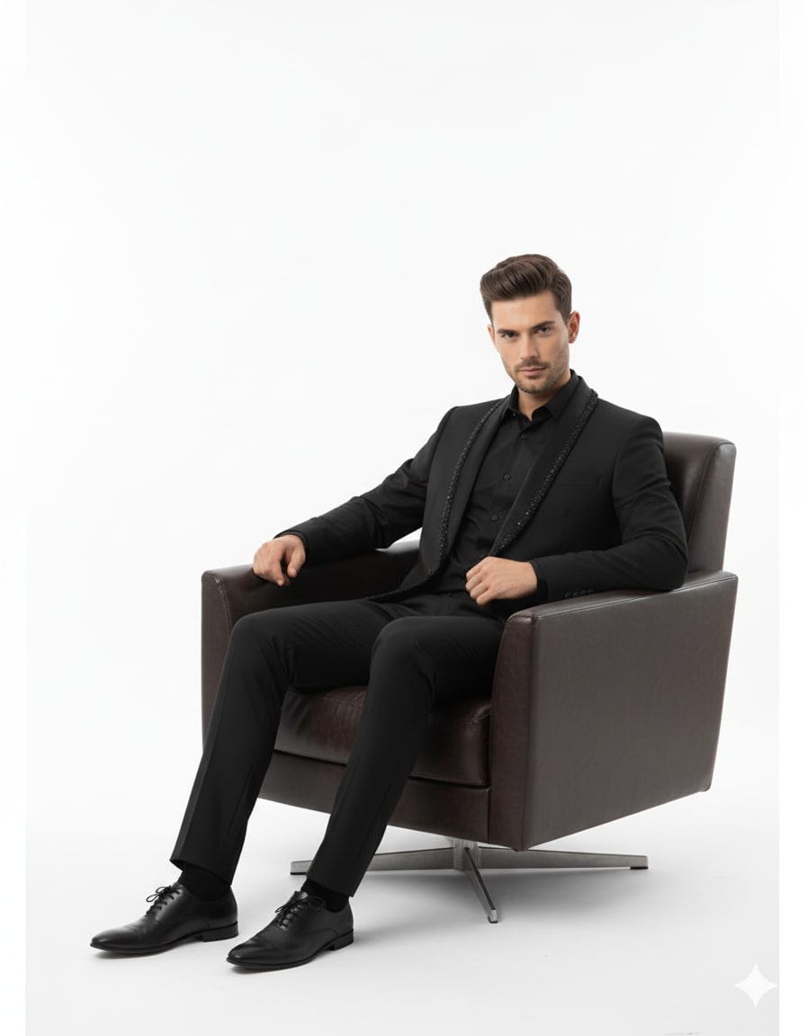 Mens Classic Black Designer Tuxedo Suit with Beaded Lapel – Elegant Formal and Party Wear Jacket and Pants - S